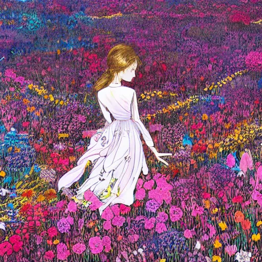 Image similar to a girl among a flower field thinks about space, graceful, an ultrafine detailed illustration by kim jung gi, bright colors, unreal engine 5 highly rendered, detailed and intricate environment