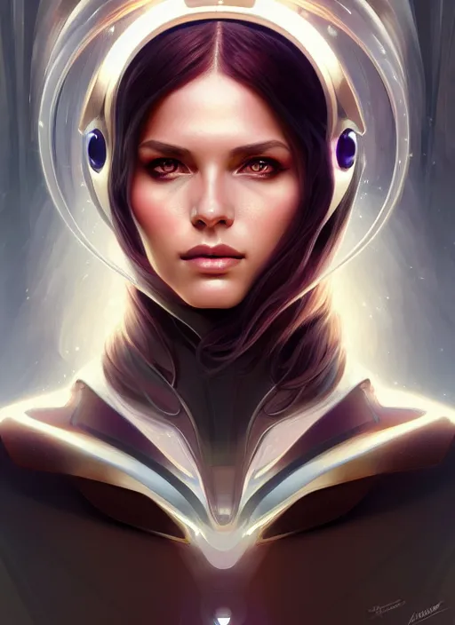 Image similar to futuristic woman portrait, sci-fi, amber eyes, face, long hair, fantasy, intricate, elegant, highly detailed, digital painting, artstation, concept art, smooth, sharp focus, illustration, art by artgerm and greg rutkowski and alphonse mucha