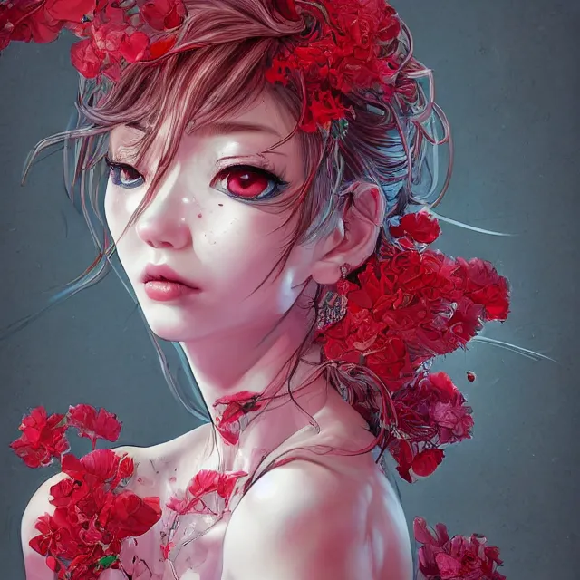 Prompt: studio portrait absurdly beautiful, elegant, graceful, young hypercolorful sensual anime gravure idol rubies and red petals, ultrafine hyperrealistic detailed face illustration by kim jung gi, irakli nadar, intricate linework, sharp focus, bright colors, matte, octopath traveler, final fantasy, unreal engine highly rendered, global illumination, radiant light, intricate environment