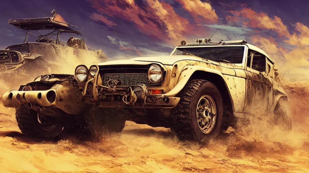 Image similar to digital illustration of mad max's fj 4 0 pursuit special riding fury road eternal shiny and chrome, the last v 8 interceptor driving down to the gates of valhalla highway in the middle of the day, anime style, year 2 0 9 3, by makoto shinkai, ilya kuvshinov, lois van baarle, rossdraws, basquiat