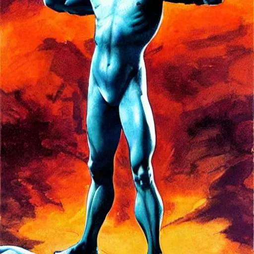 Prompt: painting by Frank Frazetta of Christian Bale as Dr. Manhattan in Watchmen