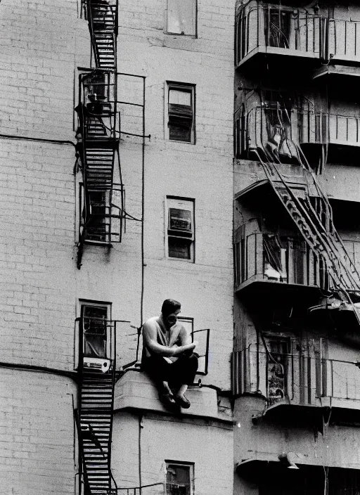 Image similar to a 35mm photograph of a man sitting on a fire escape in New York City in the 1960's at sunset, bokeh, Canon 50mm, cinematic lighting, photography, retro, film, Kodachrome, award-winning, rule of thirds, golden hour