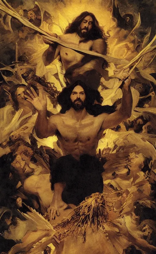 Image similar to evil jesus holding cornucopia!!!!!!!!! 1 sitting on a huge!!!! throne of entwined bodies, elegant, ominous, highly detailed painting by goya!!! phil hale!! gaston bussiere, craig mullins, j. c. leyendecker, 8 k, mid shot