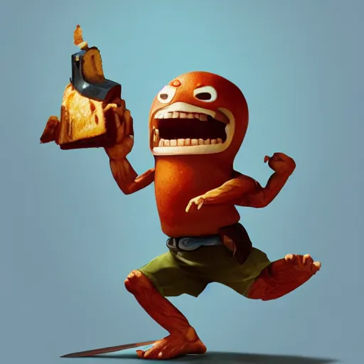 Image similar to a slice of toasted bread with a face, arms and legs, holding a sword, cute pixar character, volumetric lighting, dynamic composition, fantasy, hyper detailed, ultra realistic, sharp focus, octane render, concept art by sachin teng and sergey kolesov and ruan jia and heng z
