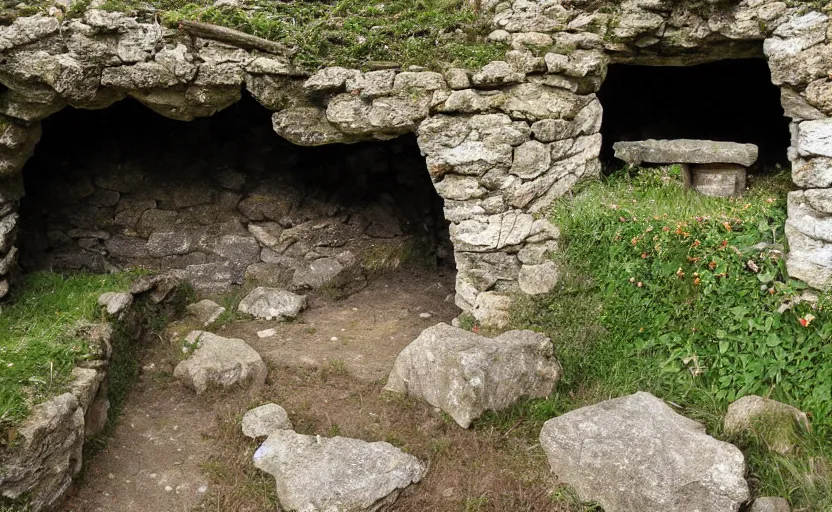 Image similar to cave built into an early medieval village lit by torches, plants