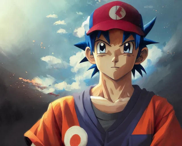 Image similar to highly detailed portrait of ash ketchum, in dragon ball z, stephen bliss, unreal engine, fantasy art by greg rutkowski, loish, rhads, ferdinand knab, makoto shinkai and lois van baarle, ilya kuvshinov, rossdraws, tom bagshaw, global illumination, radiant light, detailed and intricate environment