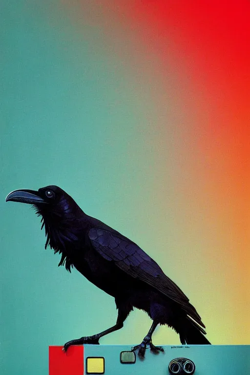 Image similar to a raven using 8 0 s era technology, vintage shapes, retro technology, pantone color, wayne barlow, oil on canvas, deep depth of field, masterpiece, cinematic composition, hyperdetailed