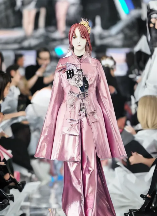 Image similar to dior anime cosplay, runaway photography, holographic undertones, professional hairstyle, high detail