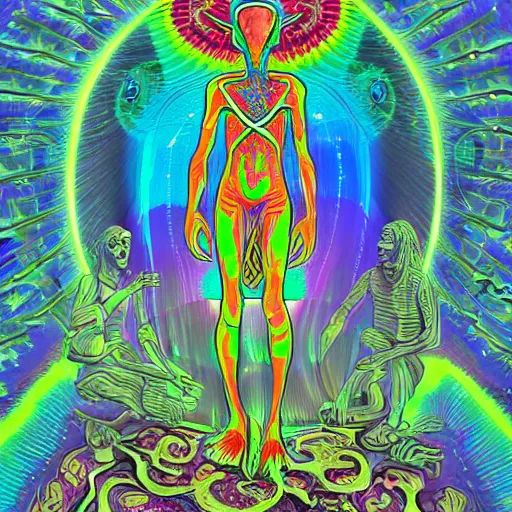 Image similar to psychedelic alien diety revealing the truth about consciousness to an ancient civilization, high quality, crystal waves