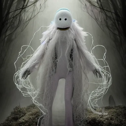 Image similar to ethereal ghostly live action muppet ghost like figure with a parasitic squid head taking over its own with four long tentacles for arms that flow gracefully at its sides like a cloak, it has a long fluffy snake tail it slithers around on, it stalks around frozen forests searching for lost souls to consume, hides in the shadows of trees, this character uses hydrokinesis and electrokinesis, it is a real muppet by sesame street, photo realistic, real, realistic, felt, stopmotion, photography, sesame street, monsters inc pixar