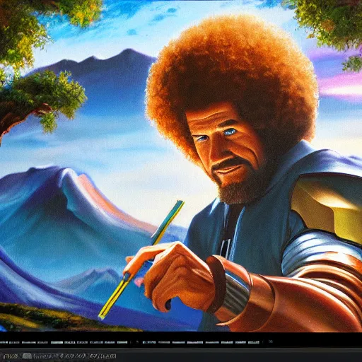 Image similar to a closeup photorealistic photograph of bob ross painting an image of iron man on a canvas. mountains and trees. film still. brightly lit scene. this 4 k hd image is trending on artstation, featured on behance, well - rendered, extra crisp, features intricate detail, epic composition and the style of unreal engine.
