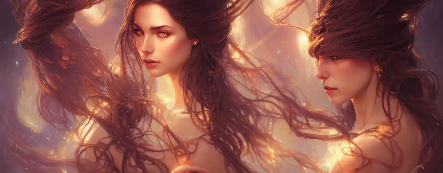 Image similar to fantasy magic woman portrait, sci-fi, amber eyes, face, long hair, fantasy, intricate, elegant, highly detailed, digital painting, artstation, concept art, smooth, sharp focus, illustration, art by artgerm and greg rutkowski and alphonse mucha