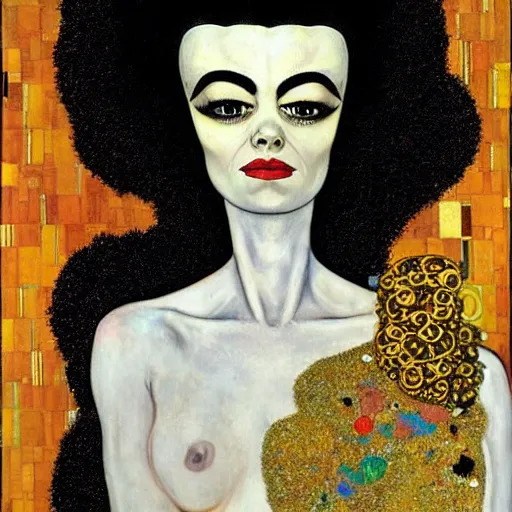 Image similar to bride of frankenstein influenced by gustav klimt.