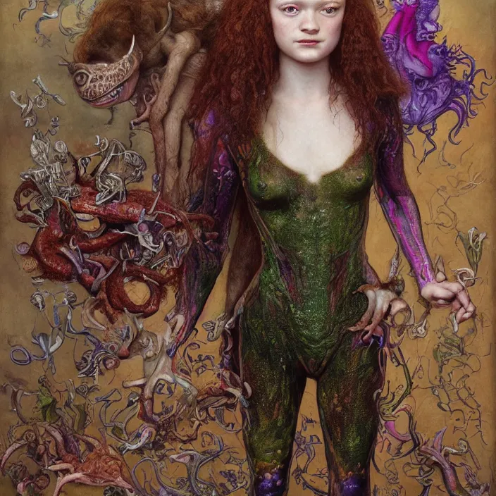 Prompt: a portrait photograph of sadie sink as a brightly colored satyr amphibian hybrid with wet mutated skin. wearing a catsuit many body modifications. by tom bagshaw, donato giancola, hans holbein, walton ford, gaston bussiere, brian froud, peter mohrbacher and magali villeneuve. 8 k, cgsociety