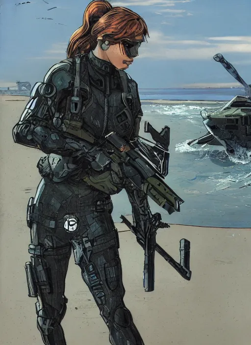 Image similar to black widow. USN blackops operator emerging from water at the shoreline. Operator wearing Futuristic cyberpunk tactical wetsuit and looking at an abandoned shipyard. Frogtrooper. rb6s, MGS, and splinter cell Concept art by James Gurney, Alphonso Mucha. Vivid color scheme.