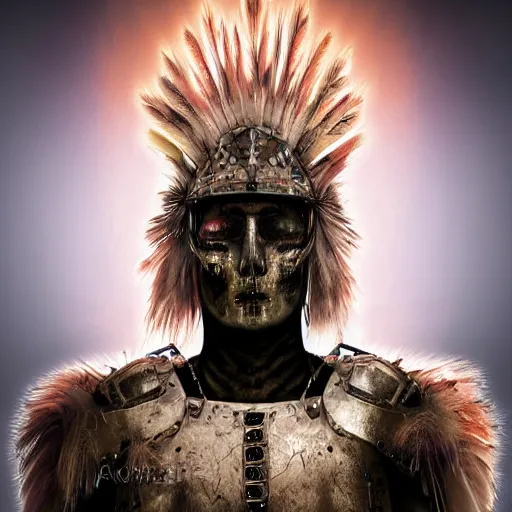 Image similar to a warrior wearing an armor made of feathers and energy, scars on face, volumetric lighting, scary eyes, digital art,