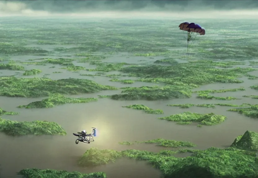 Image similar to a cell - shaded cartoon movie still from howl's moving castle ( 2 0 0 4 ) of a beautiful young woman flying a gyrocopter in a flooded rainforest valley. stonehenge is seen in the background with shafts of sunlight from above. wide shot, very dull muted colors, hd, 4 k, hq