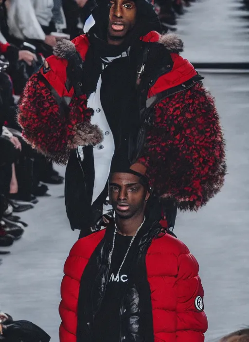 Image similar to hyperrealistic and heavy detailed moncler runway show of whole lotta red by playboi carti, leica sl 2 5 0 mm, vivid color, high quality, high textured, real life