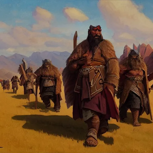 Image similar to slavic orcs in the steppe, orcs lord of the rings, orthodox, art by nicholas roerich and greg rutkowski, high resolution, trending on artstation,