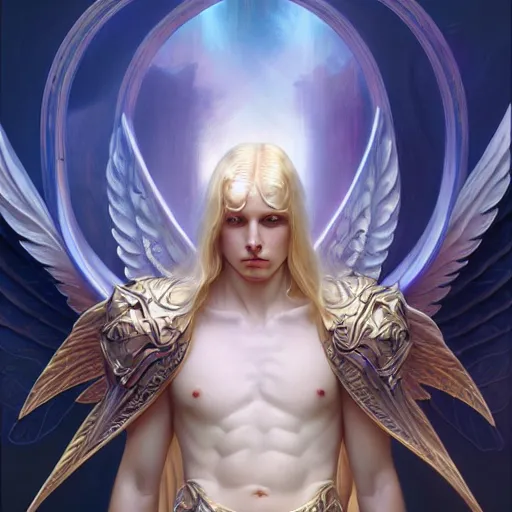 Image similar to the pale blond male angel of battle lucius wearing a white periwinkle, sci fi, glowing eyes, volumetric lights, gold theme, art nouveau botanicals, intricate, highly detailed, digital painting, artstation, concept art, smooth, sharp focus, cinematic, illustration, beautiful face, art by artgerm and greg rutkowski and alphonse mucha