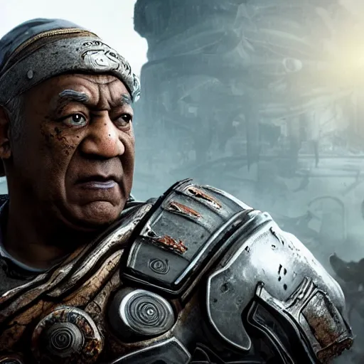 Image similar to asian!! bill cosby with conical hat in gears of war, splash art, movie still, detailed face, photorealistic facial features, cinematic lighting, dramatic, octane render, long lens, shallow depth of field, bokeh, anamorphic lens flare, 8 k, hyper detailed, 3 5 mm film grain