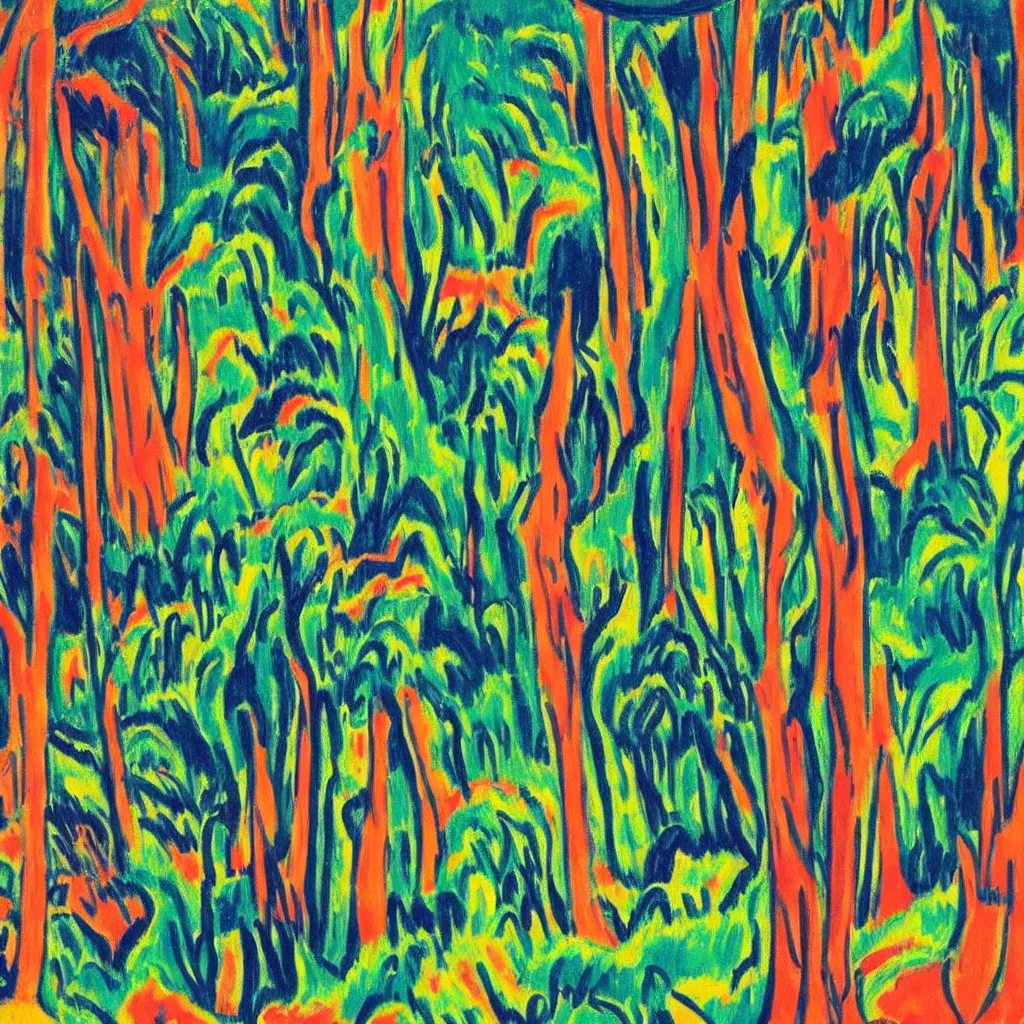 Prompt: a surrealist painting of an old growth redwood forest, by ernst ludwig kirchner