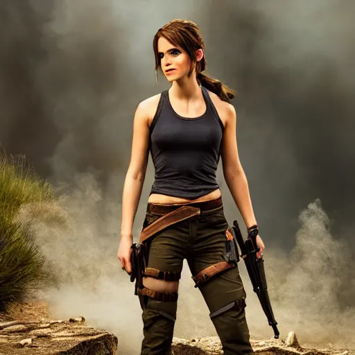 Image similar to Lara Croft cosplay by Emma Watson, 8k, professional photography, cinematic studio shot, dark, smoke