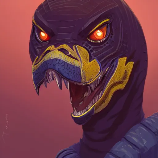 Image similar to portrait of an antropomorphic raptor knight, reptile face, dark blue scales, angry look, ready for battle, mattepainting concept blizzard pixar maya engine on cold night stylized background splash comics global illumination lighting artstation lois van baarle, ilya kuvshinov, rossdraws