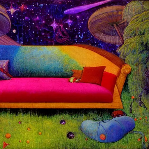 Image similar to psychedelic couch sofa in the lush forest, milky way, designed by arnold bocklin, jules bastien - lepage, tarsila do amaral, wayne barlowe and gustave baumann, cheval michael, trending on artstation, mediterranean, star, sharp focus, colorful refracted sparkles and lines, soft light, 8 k 4 k