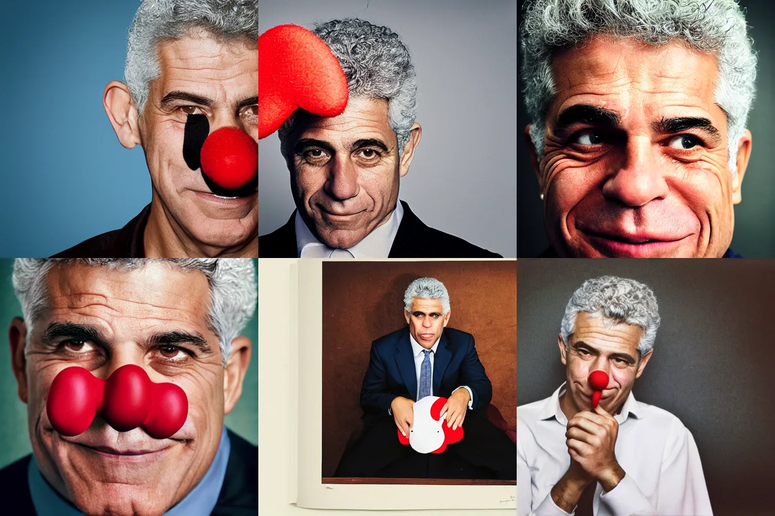 Prompt: candid portrait of yair lapid with a clown nose by annie leibovitz