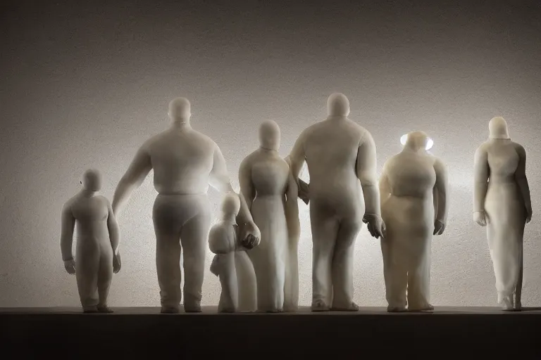 Image similar to alabaster sculpture of the Bibendum family portrait model illuminated from behind, Michelin Man family portrait, luminescence scattered light, sculpture, photograph, studio lighting, product photography, while marble, figurine, cryengine,