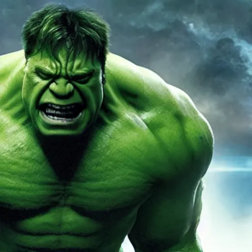 Prompt: film still of Nic Cage as Hulk in Avengers Endgame