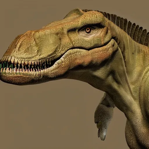 Prompt: hyper realistic rendering of a dinosaur that looks like a human, confused