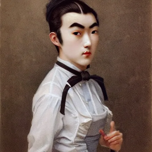 Image similar to full body painting of grumpy handsome thin beautiful man in his 2 0 s named min - jun in a french female maid outfit, modern clothing, elegant, clear, painting, stylized, delicate facial features, stylized thin lines, soft but grumpy, highly detailed, art, art by egon alphonse yamamoto