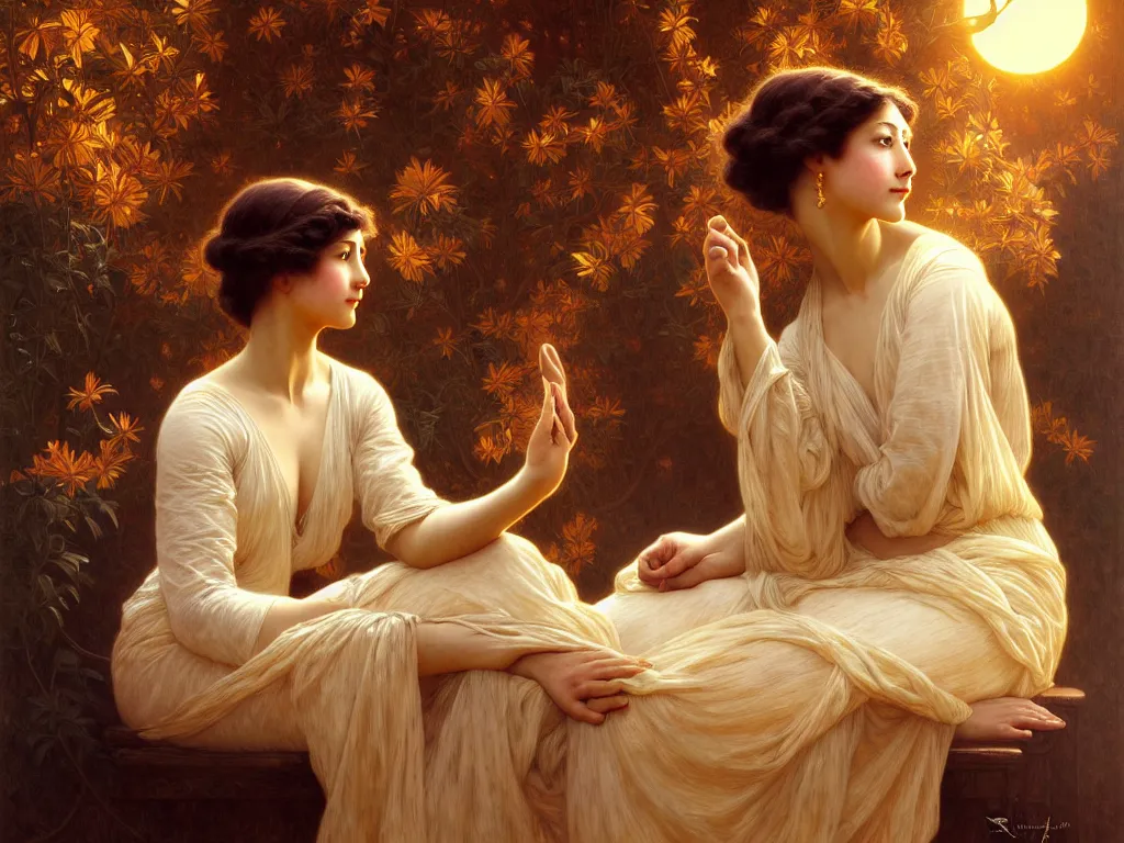 Image similar to ! dream long shot of big sun with a beautiful girl sitting, intricate, elegant, highly detailed, 1 9 2 0's style speakeasy, digital painting, artstation, concept art, smooth, sharp focus, illustration, art by artgerm and greg rutkowski and alphonse mucha and william - adolphe bouguereau,