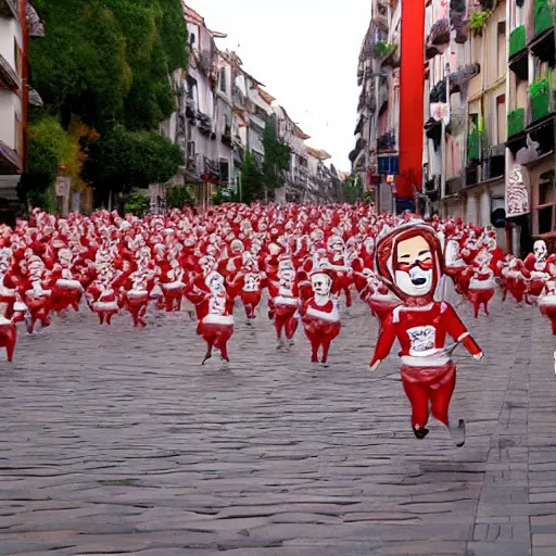 Prompt: the running of the screaming bob ross dolls in pamplona spain