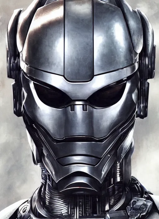 Image similar to portrait of willem dafoe as robocop, cyborg, borg, android, strogg, face of a man, robocop, cable, victor stone, ultron, terminator, machine, flesh, quake, doom demon, wolfenstein, monster, symmetry, symmetrical, concept art by ruan jia and greg rutkowski