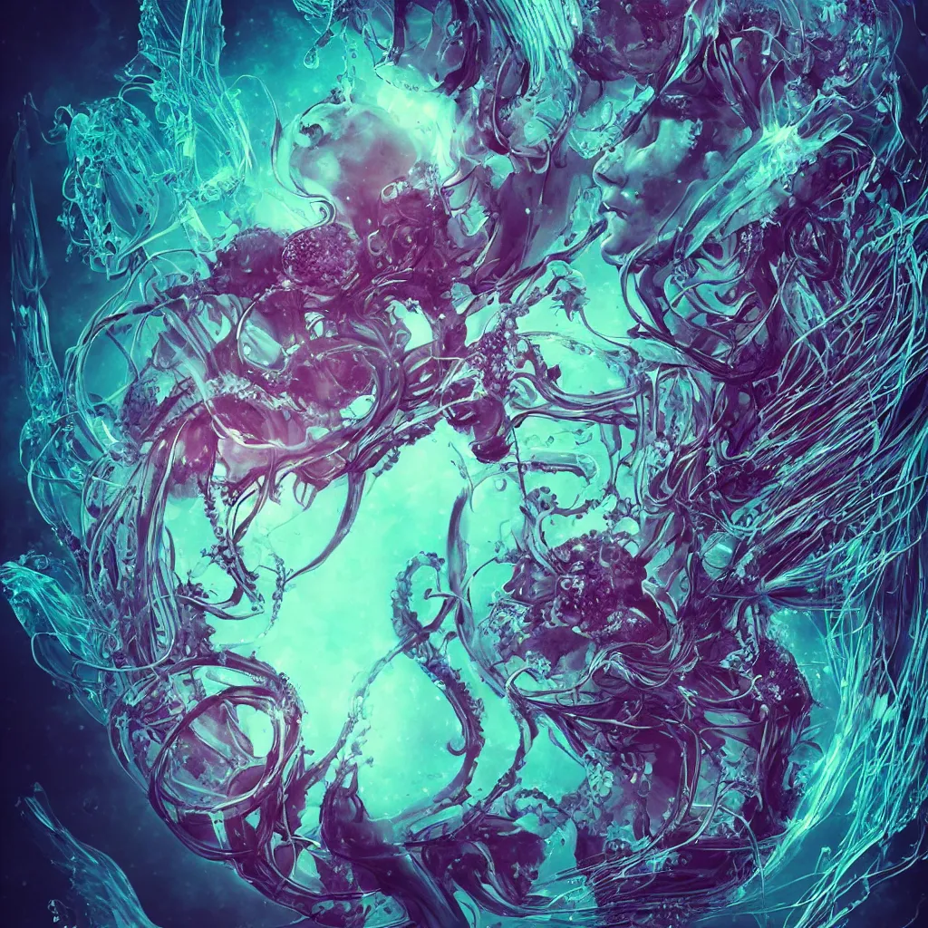 Image similar to close-up portrait goddess horned skull, x-ray, backbone, jellyfish phoenix head, nautilus, orchid, betta fish, bioluminiscent creatures, dark deep complex air bubbles in background, intricate artwork by Tooth Wu and wlop and beeple. octane render, trending on artstation, greg rutkowski very coherent symmetrical artwork. cinematic, high contrast, hyper realism, high detail, octane render, 8k