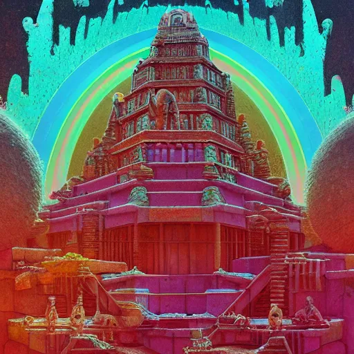 Image similar to overgrown jain temple of death with glowing mayan rainbow skulls, by michael whelan and moebius and beeple and kilian eng and dan mcpharlin and pascal blanche and jamie hewlett and richard dadd, symmetrical, magical stormy reflections, smoke on water, 8 k hi - res, acid, metropolis disco laser rays