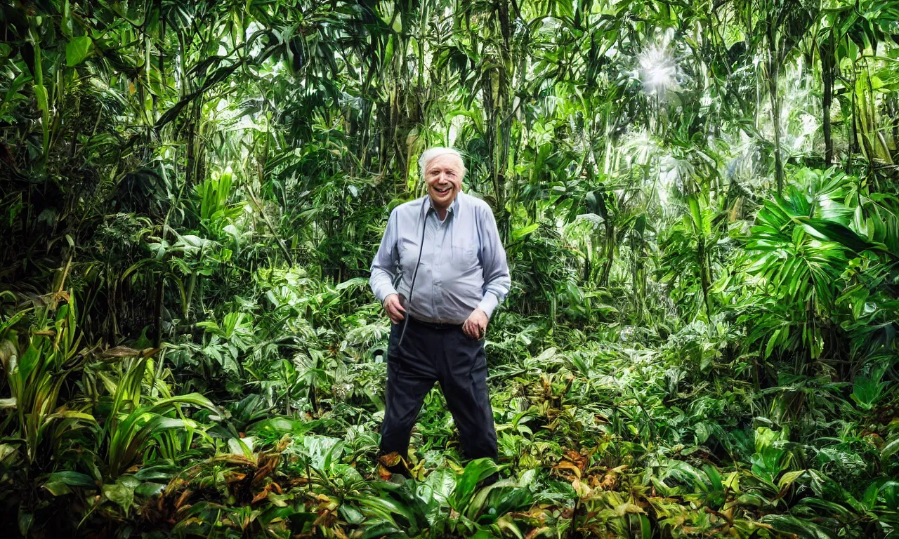 Prompt: beautiful picture of Sir David Attenborough frolicking on an beautiful alien planet with lush tropical jungle vegetation and happy animals, highly detailed, ultrarealistic, 8k, cinematic lighting, wide shot