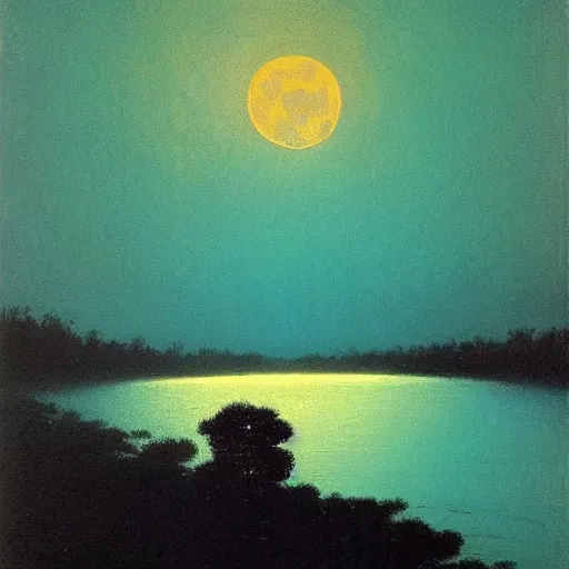 Image similar to moon light reflecting off of a winding river, arkhip kuindzhi painting, teal palette