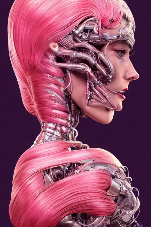 Image similar to organic cyborg head wrapped in silk by Hajime Sorayama and Jamie Coreth, trending on artstation, centered, symmetrical, snow white, thick pink hair, bilateral symmetry, 70s poster, polished, thick smoke, retro dark vintage sci-fi, 2D matte illustration