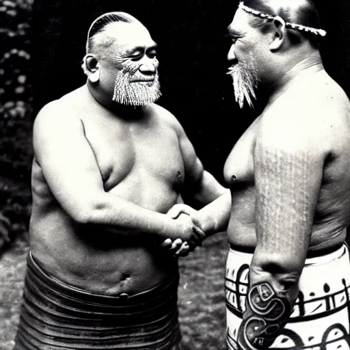 Prompt: a tattooed maori dignitary shakes hands with a 2 0 th century english industrialist, colorized 1 9 0 4 photo, kodak camera, historical event, credit the national archives of the united kingdom