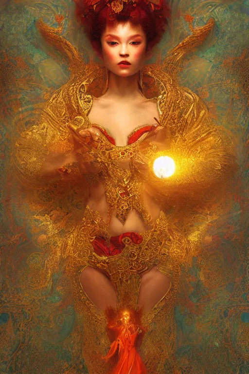 Image similar to tarot card artstation, portrait of a ravishing love dancer, sunrise, baroque ornament and rococo ornament, ancient chinese ornate, hyperdetailed, beautiful lighting, craig mullins, mucha, klimt, yoshitaka amano, depth, red and gold and orange color palette