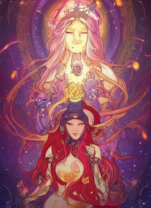 Prompt: adventure time fire princess surrounded by starlight, moon behind, chinese fantasy, intricate complexity, elegant, hyper detailed, scattered diffusion, ultra definition, photoreal, artstation, unreal engine rendered, concept art, smooth, sharp focus, illustration, art by artgerm and pendleton ward and alphonse mucha and garis edelweiss