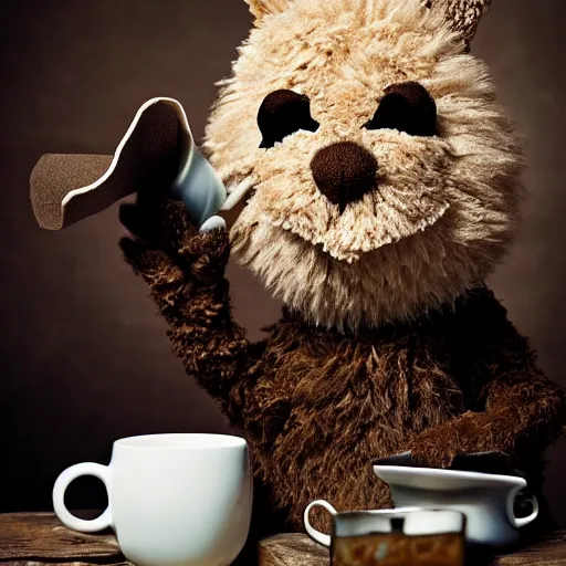 Prompt: a fluffy brown rabbit muppet wearing monk garb and holding a wolf skull mask and sat beside a cup of tea, photorealistic, nature, photography, national geographic, sesame street