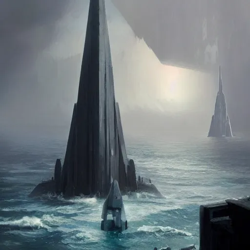 Prompt: star wars concept art by greg rutkowski, a palatial and imposing grey tall triangular pyramid tech tower emerging from the sea in the middle of a ocean landscape, enigmatic atmosphere, beautiful and cinematic lighting, artstation hq.