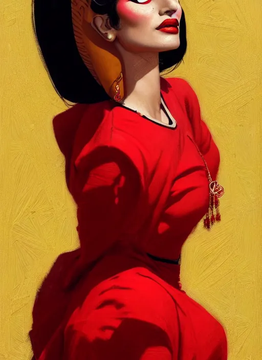 Image similar to portrait of an egyptian woman with a crooked nose and a confident expression, 1 9 6 0 s, red clothes, goth, punk, funk, intricate, elegant, highly detailed, digital painting, artstation, concept art, smooth, sharp focus, illustration, art by wlop, mars ravelo and greg rutkowski
