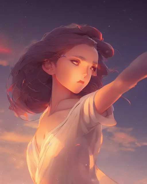 Image similar to goddess pulling meteors from the sky, ambient lighting, full shot, detailed face, 3 d shading, by makoto shinkai, stanley artgerm lau, wlop, rossdraws