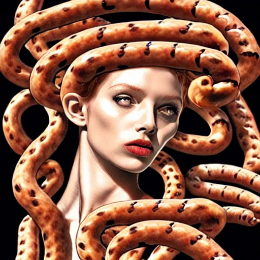 Image similar to medusa with sausages instead of snakes, sausage hair, photorealistic, illustration, intricate details, masterpiece